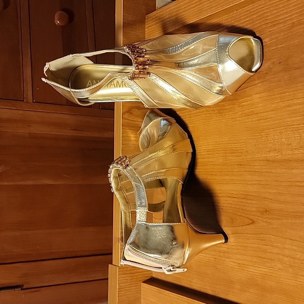 Goldtone mesh shoes with adornments.